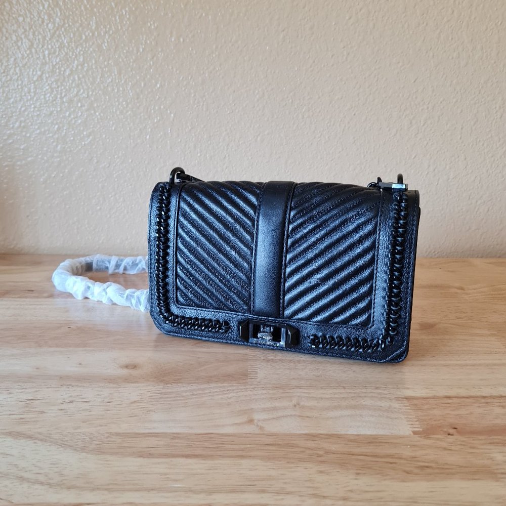 New Rebecca Minkoff Black Chevron Quilted Love Crossbody Leather Chain Handbag